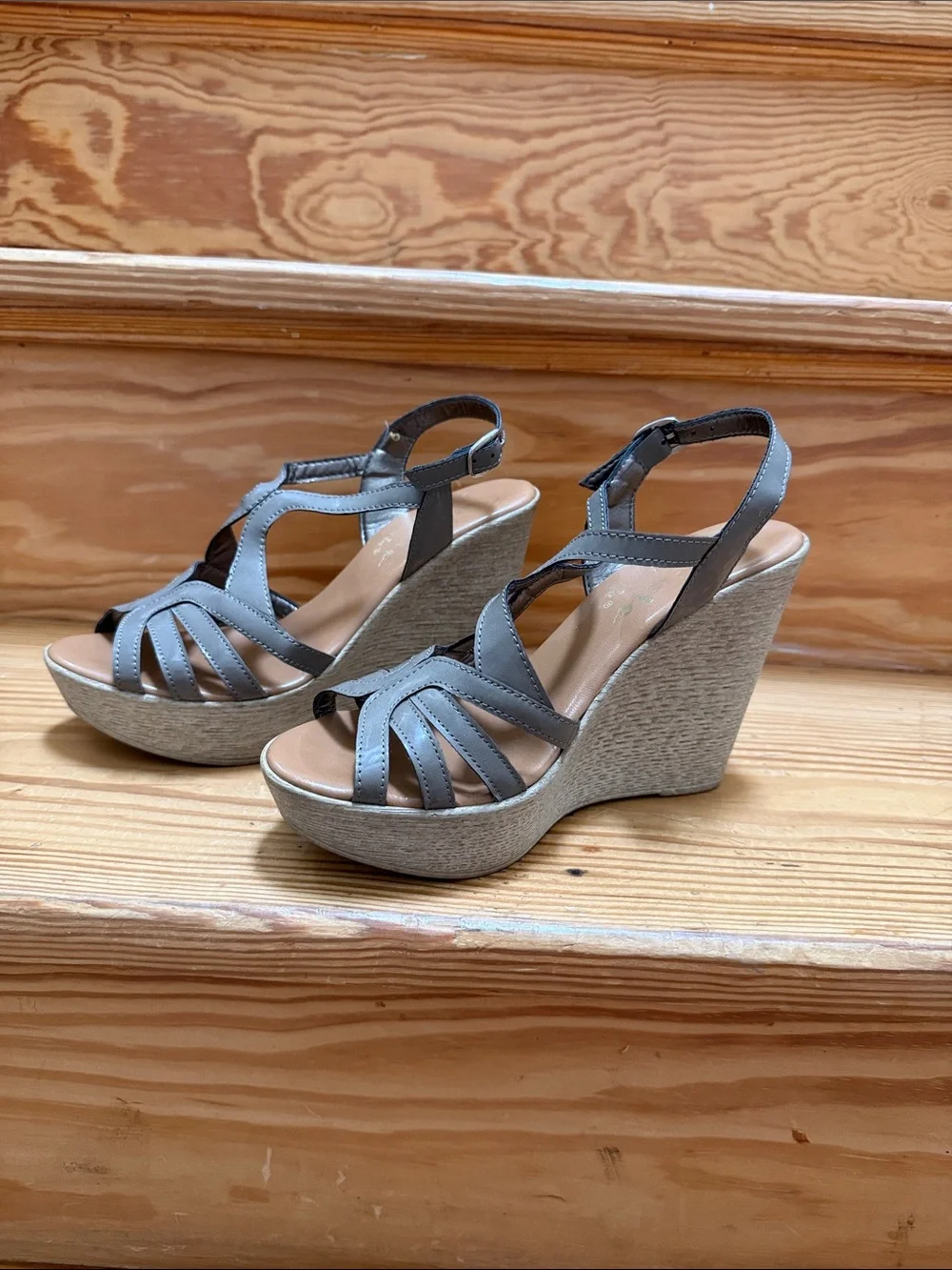 Callisto Gray Strappy Wedge Sandals